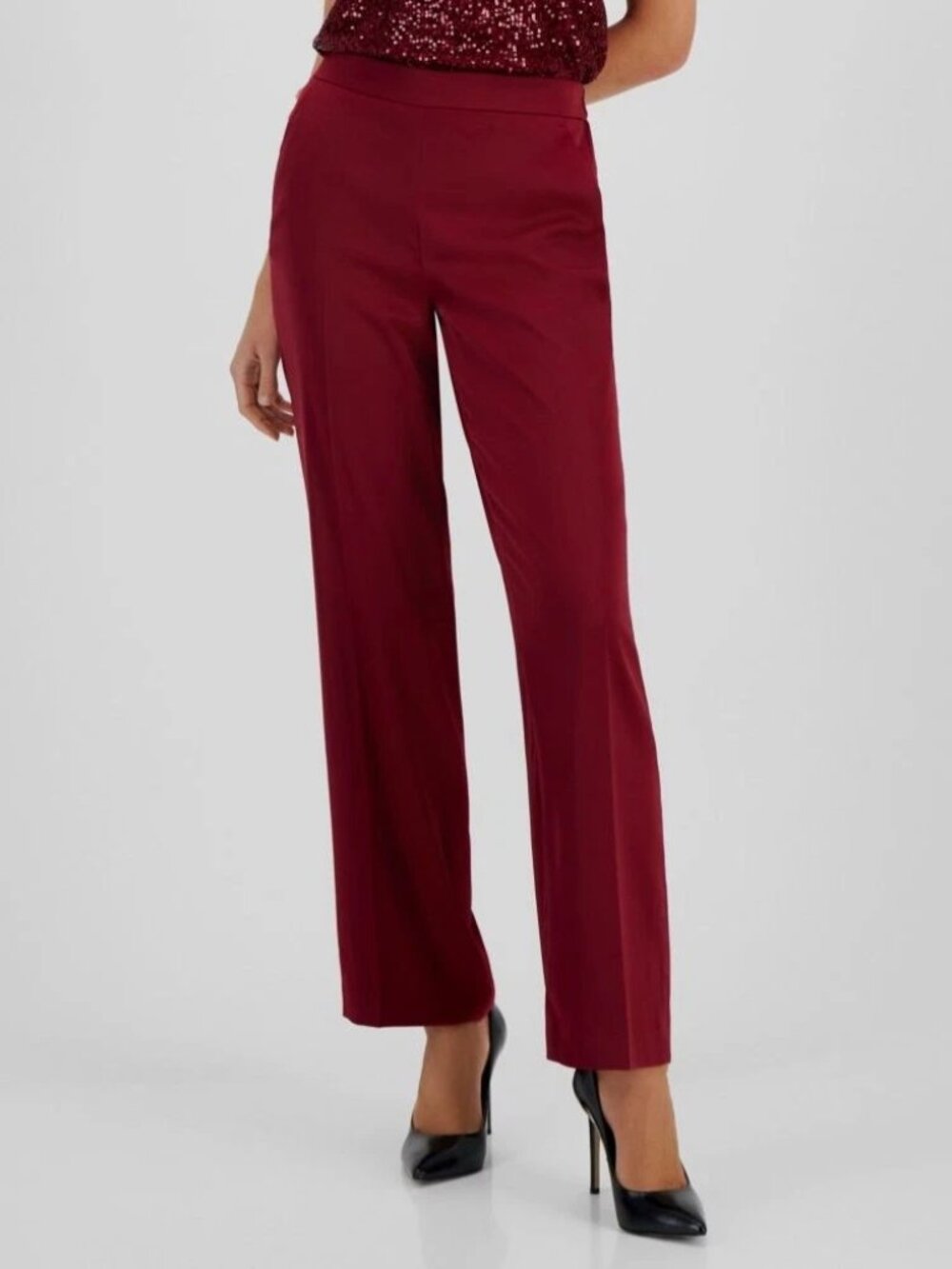 Anne Klein Burgundy Satin Straight Leg Dress Pants